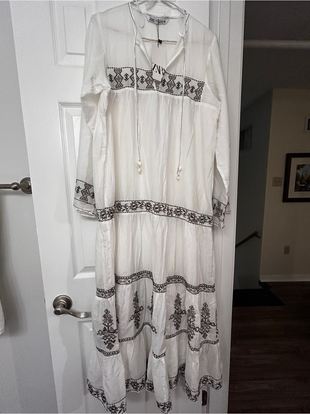 Zara White Maxi Dress with Black Geometric Embroidery